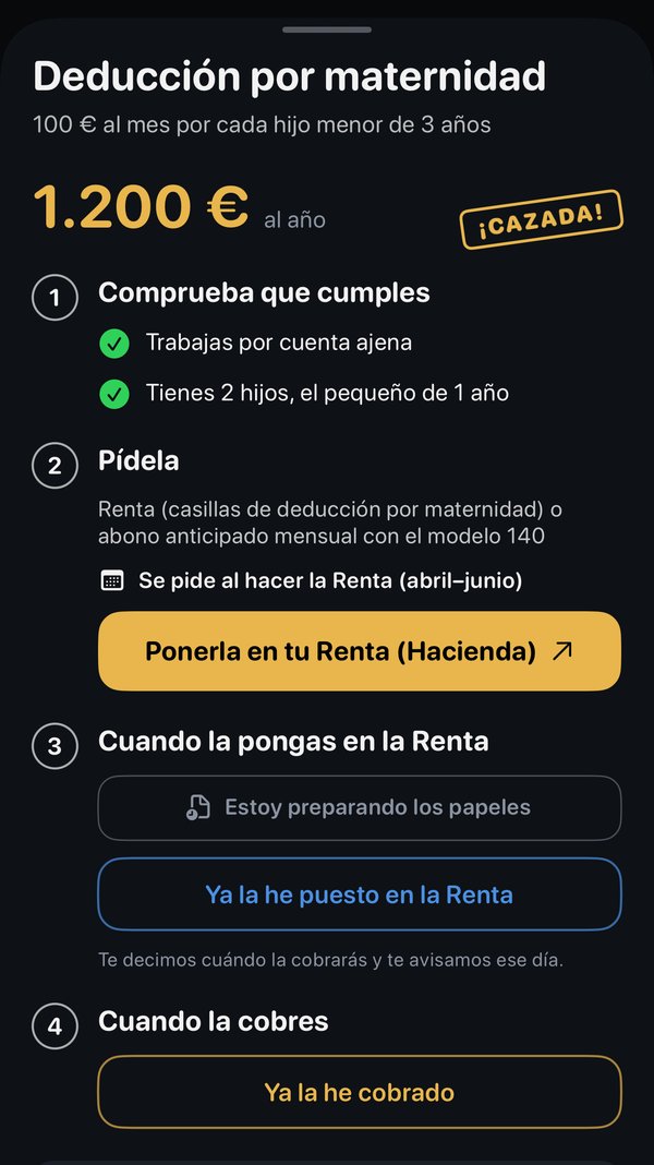 Ficha de una ayuda en Cazayudas: deducción por maternidad, hasta 1.200 euros al año, con requisitos, cómo se pide y plazo
